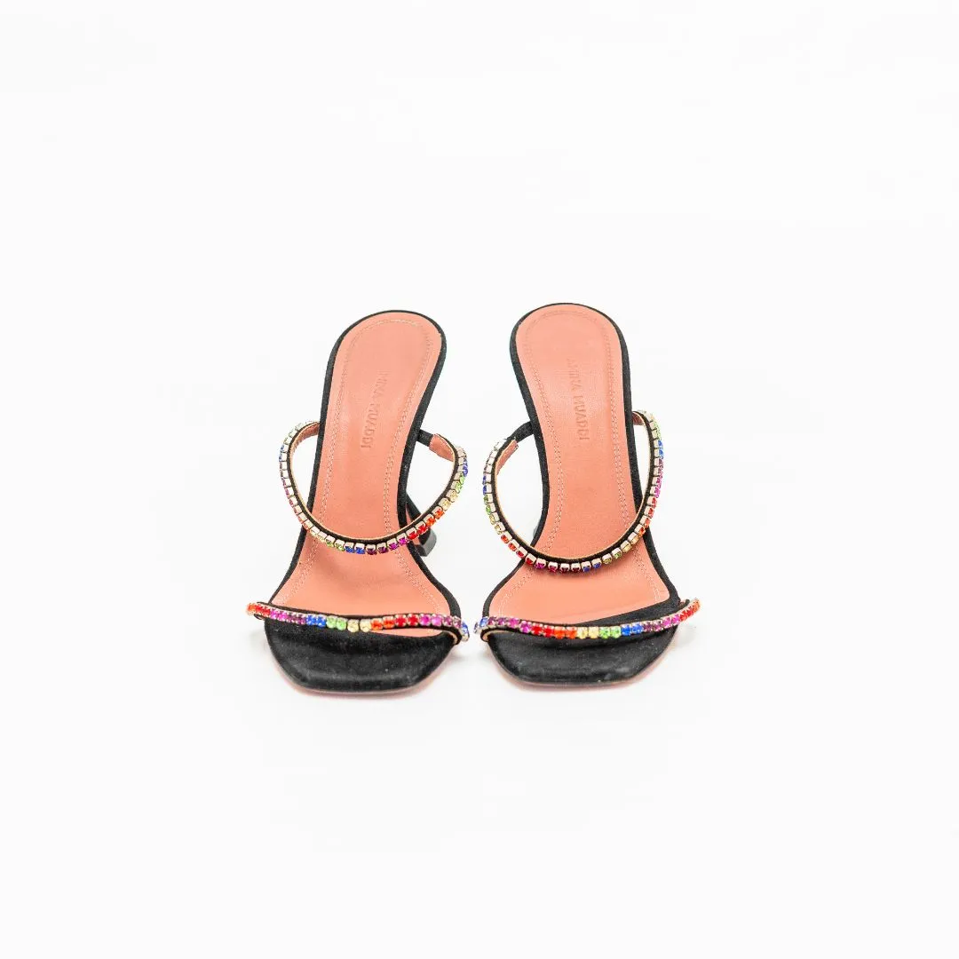 Amina Muaddi Black Suede Crystal Embellished Gilda Slide Sandals