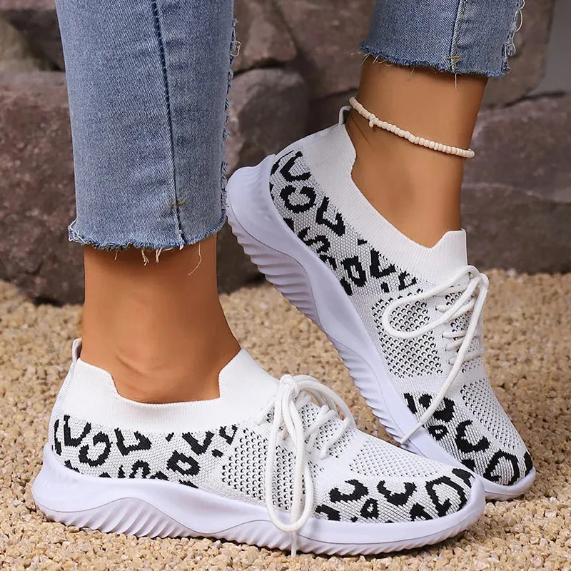 AMOZAE- - Plus Size Leopard Printed Knitting Sneakers