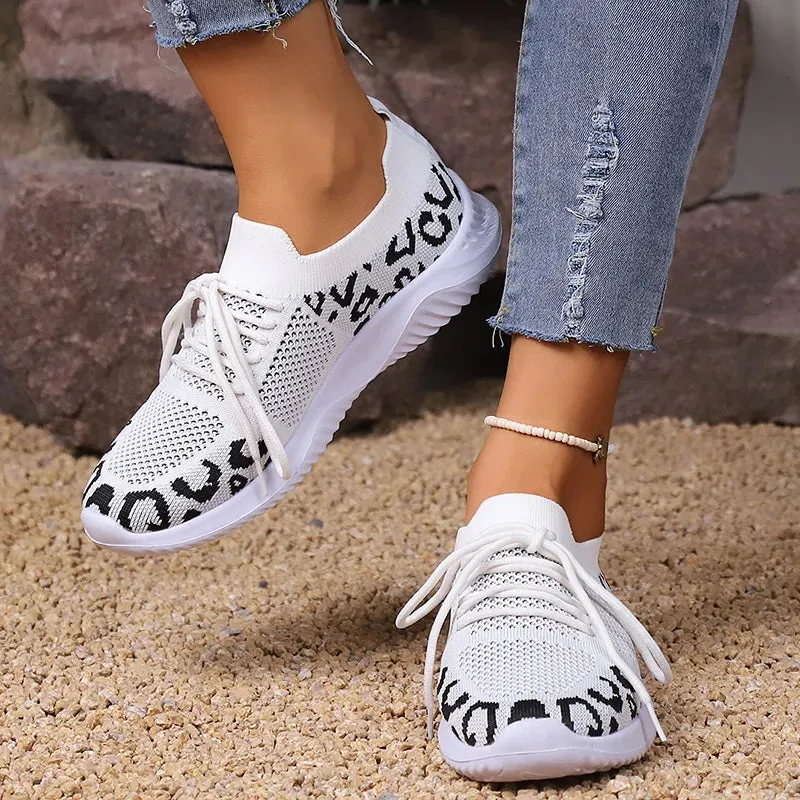 AMOZAE- - Plus Size Leopard Printed Knitting Sneakers