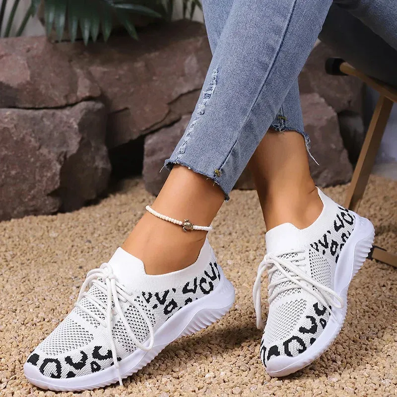 AMOZAE- - Plus Size Leopard Printed Knitting Sneakers