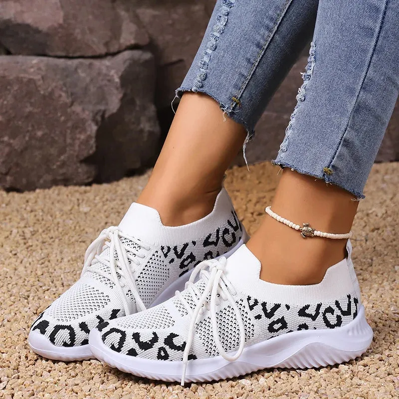 AMOZAE- - Plus Size Leopard Printed Knitting Sneakers