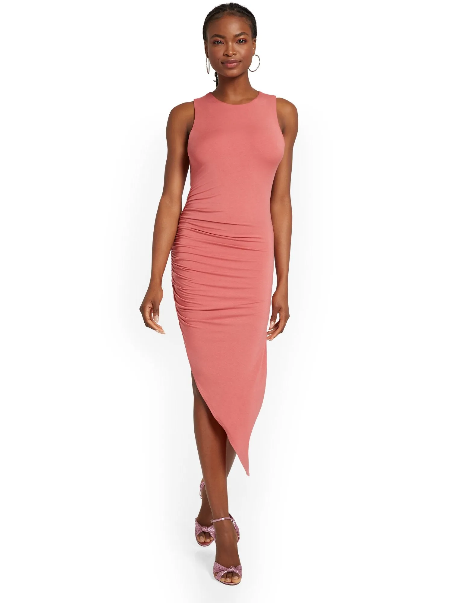 Asymmetric Ruched Midi Dress