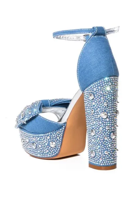 Blu Bow Stud Stepping Platform Heel