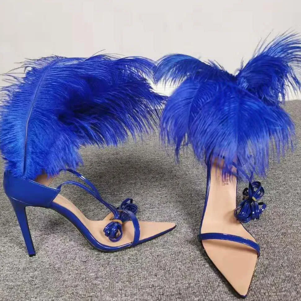 Blue Strappy Pointed Toe Cutout Fur Sandals