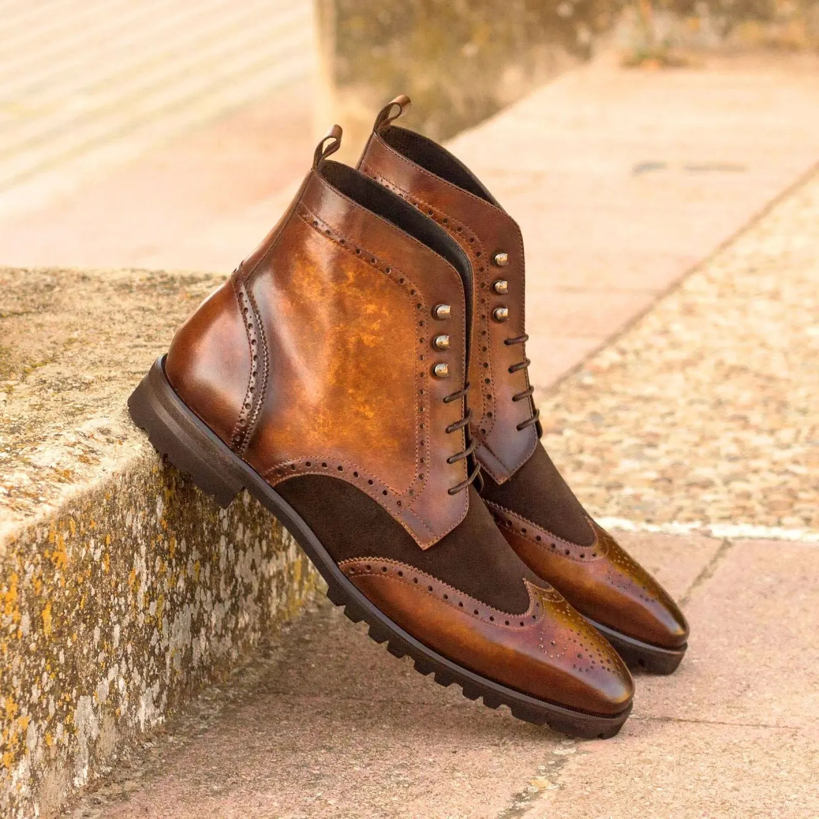 DapperFam Valiant in Dark Brown / Cognac Men's Lux Suede & Hand-Painted Patina Military Brogue