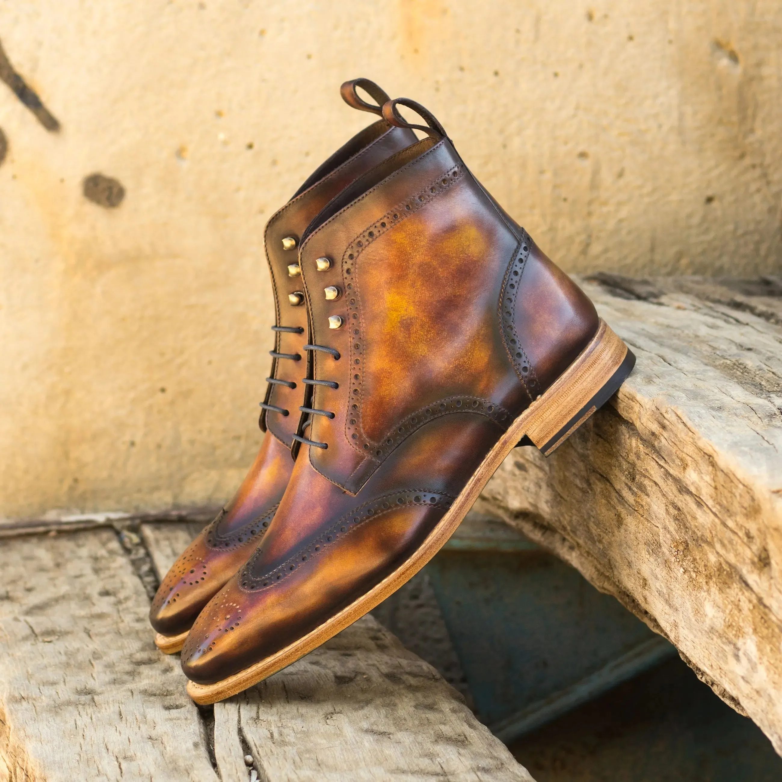 DapperFam Valiant in Fire Men's Hand-Painted Patina Military Brogue