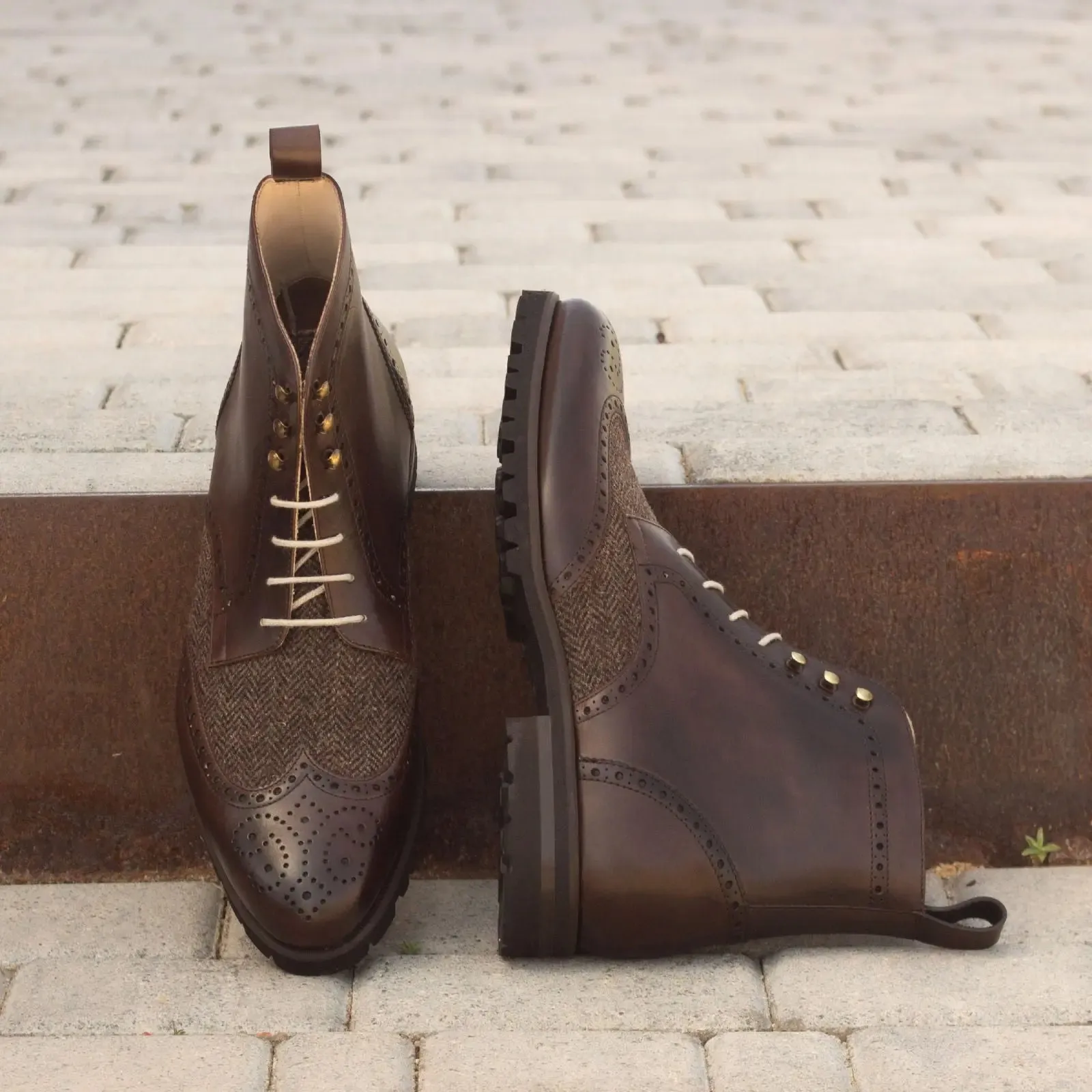 DapperFam Valiant in Herringbone / Dark Brown Men's Sartorial & Italian Leather Military Brogue