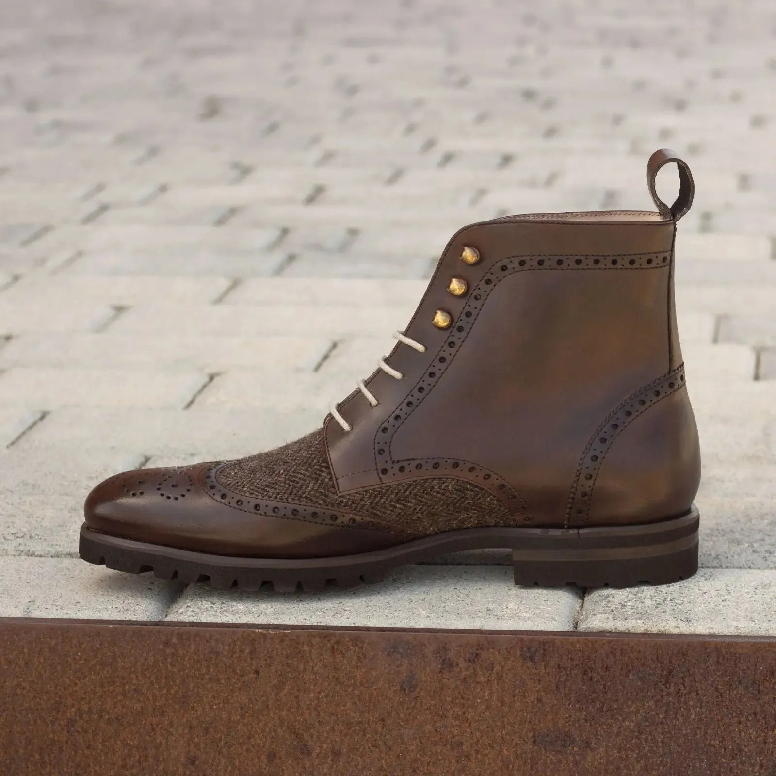 DapperFam Valiant in Herringbone / Dark Brown Men's Sartorial & Italian Leather Military Brogue