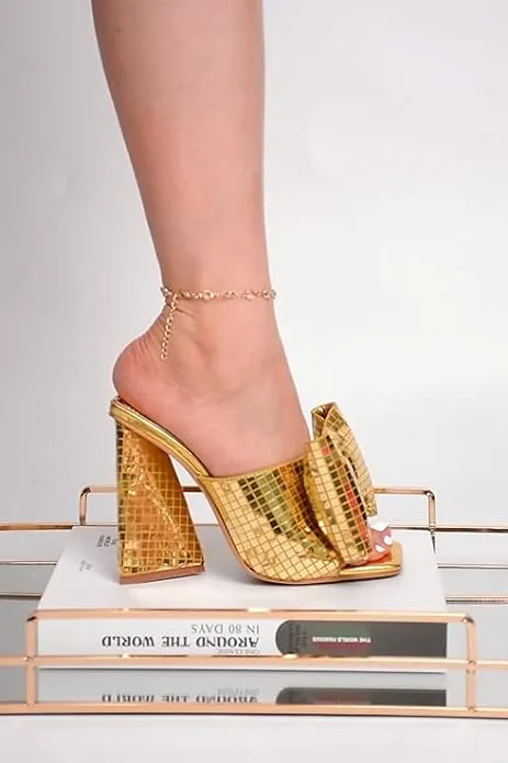 Disco Ball Gold Metallic Bow Tie Mule Heels