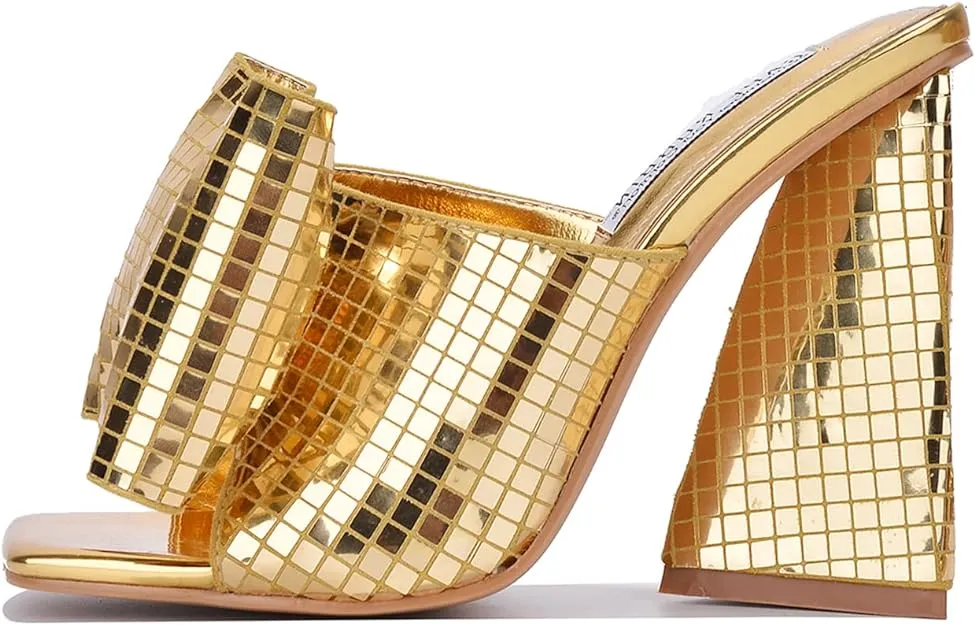 Disco Ball Gold Metallic Bow Tie Mule Heels