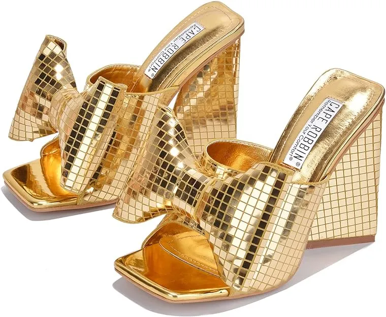 Disco Ball Gold Metallic Bow Tie Mule Heels