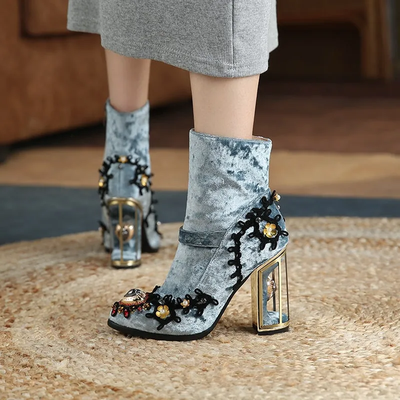 Embroidered Crystal Ankle Boot Heels