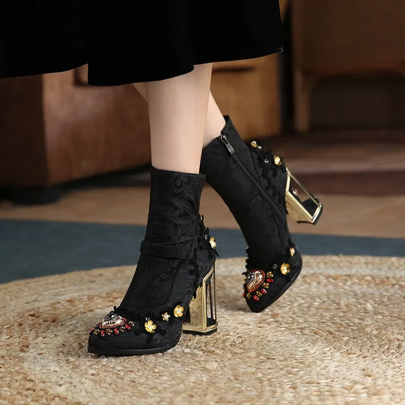 Embroidered Crystal Ankle Boot Heels