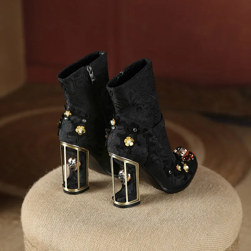 Embroidered Crystal Ankle Boot Heels