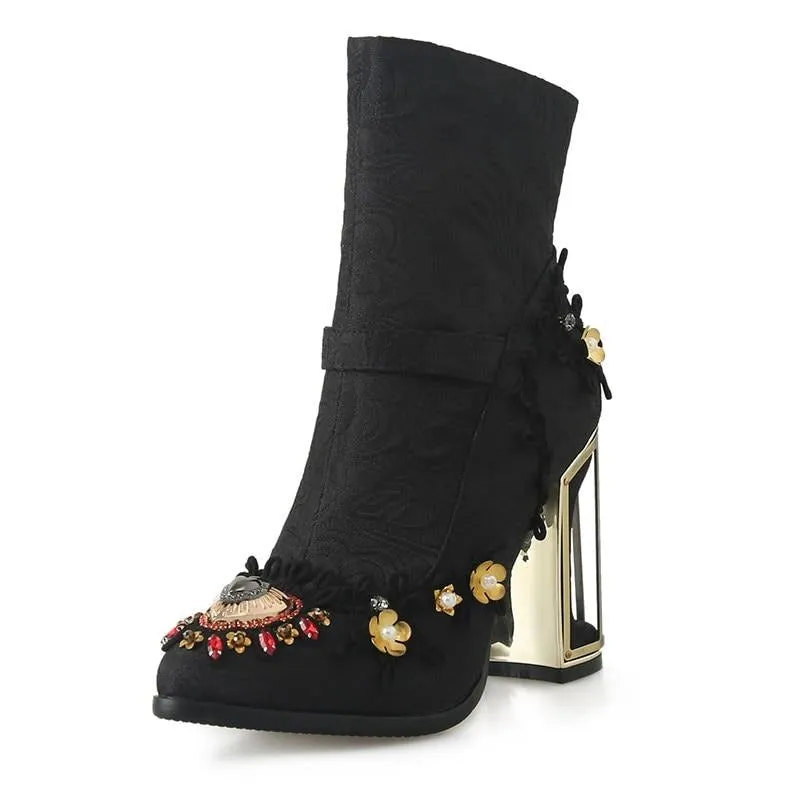 Embroidered Crystal Ankle Boot Heels