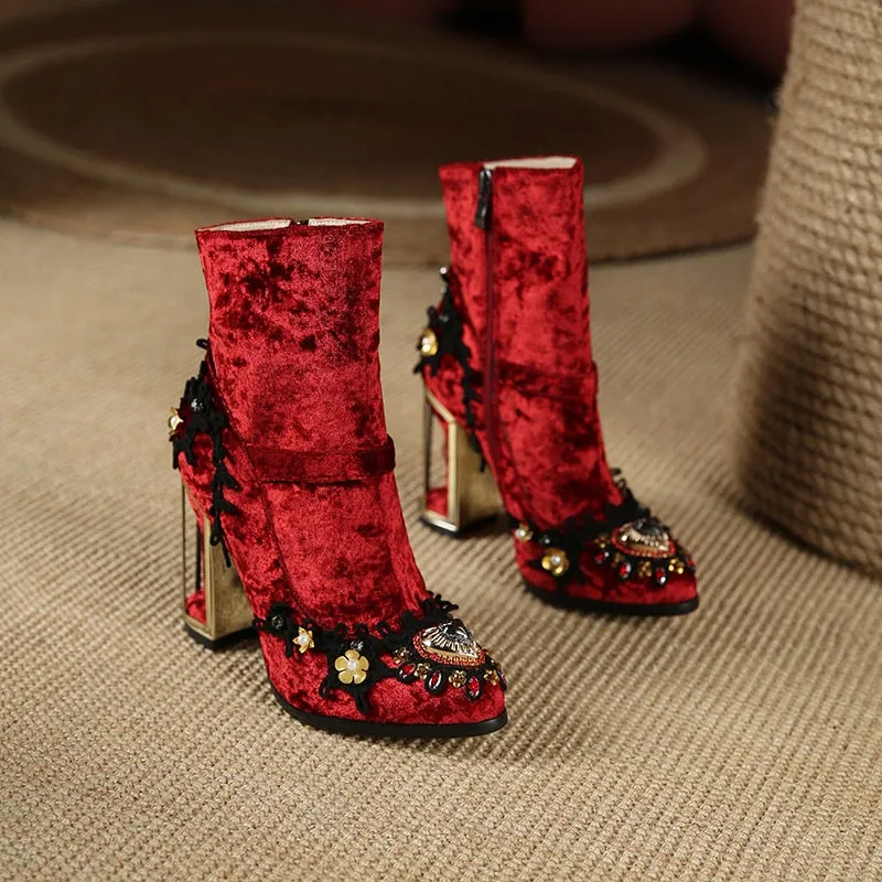 Embroidered Crystal Ankle Boot Heels