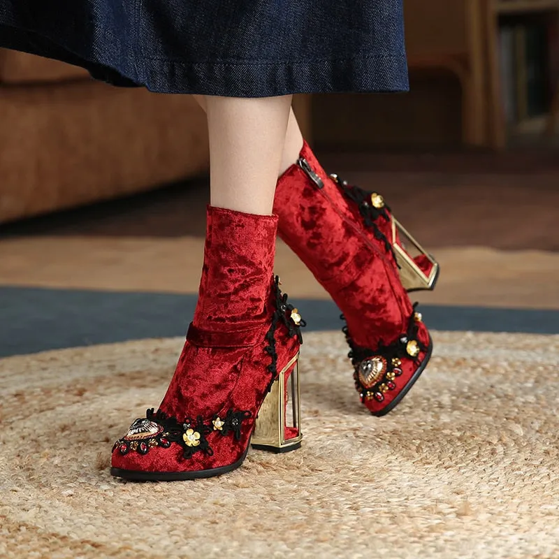 Embroidered Crystal Ankle Boot Heels