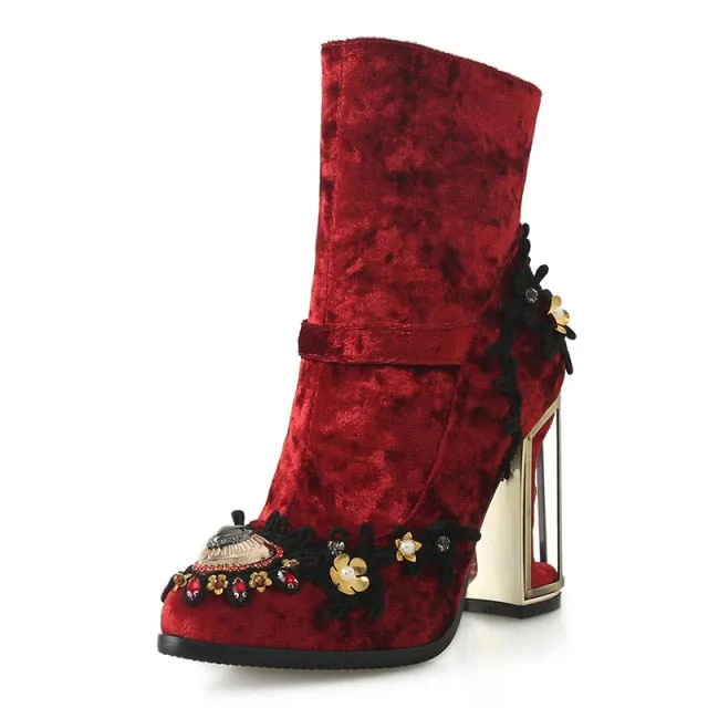 Embroidered Crystal Ankle Boot Heels