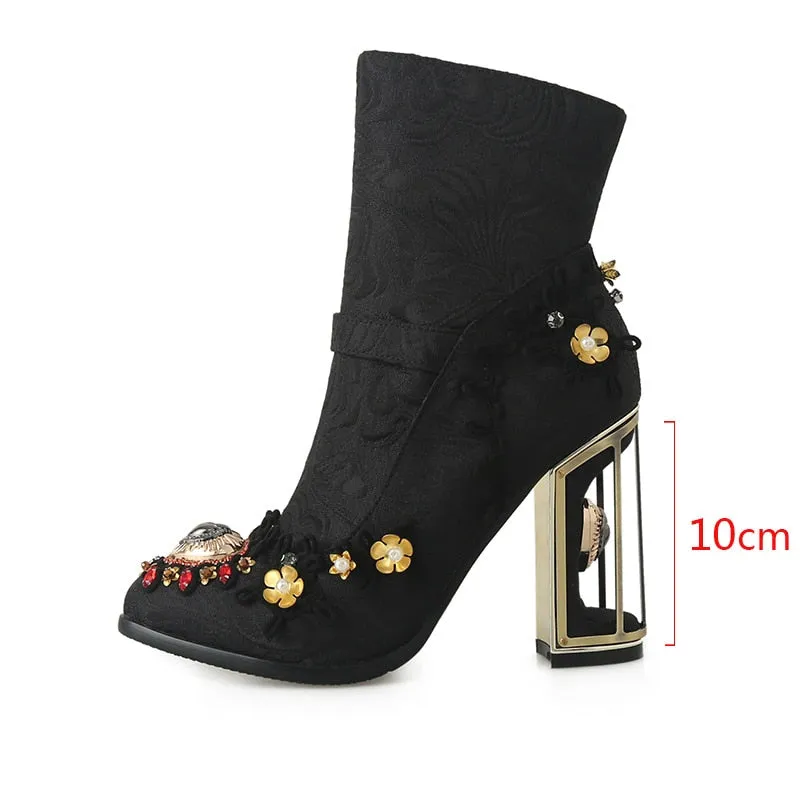 Embroidered Crystal Ankle Boot Heels