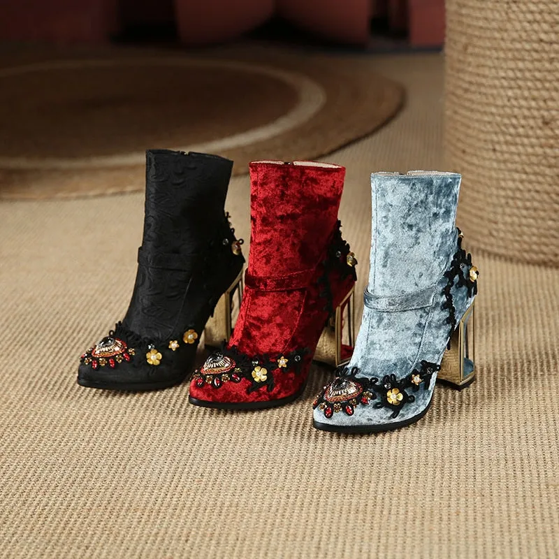 Embroidered Crystal Ankle Boot Heels