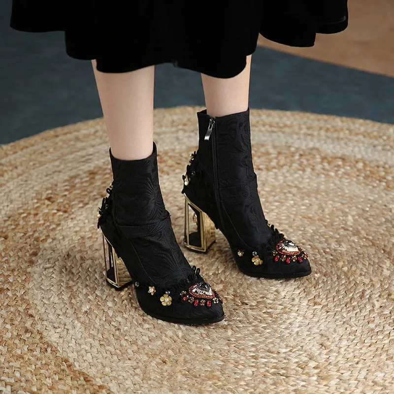 Embroidered Crystal Ankle Boot Heels