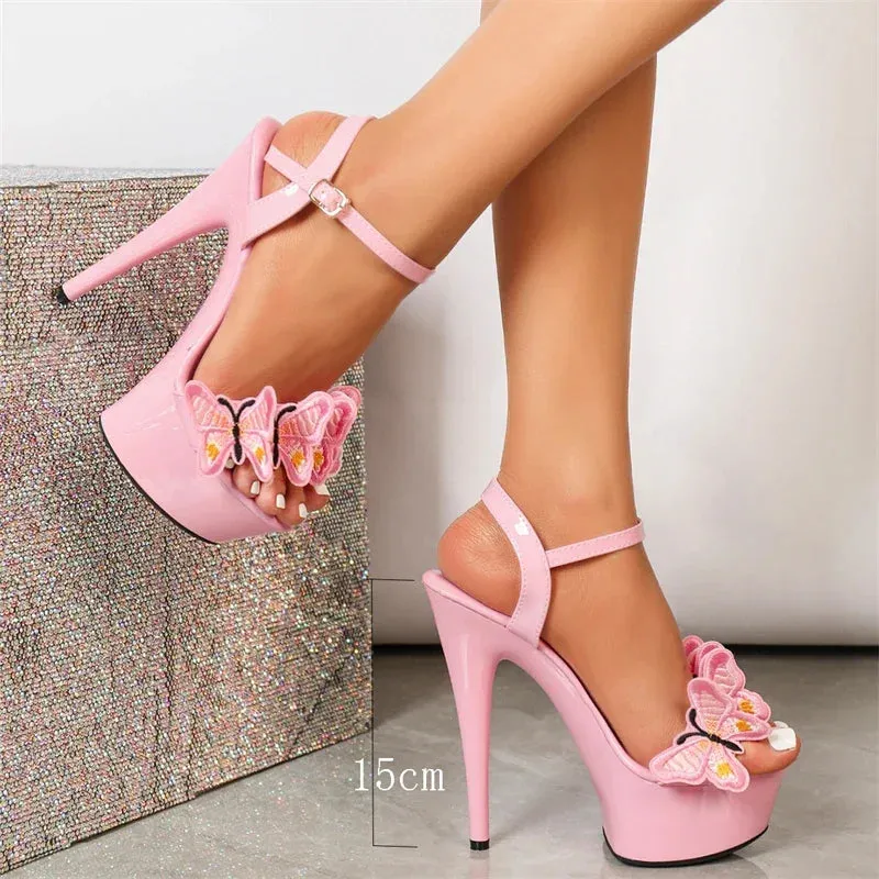 Flowers Bow Buckle Strap Stiletto High Heels Shoes