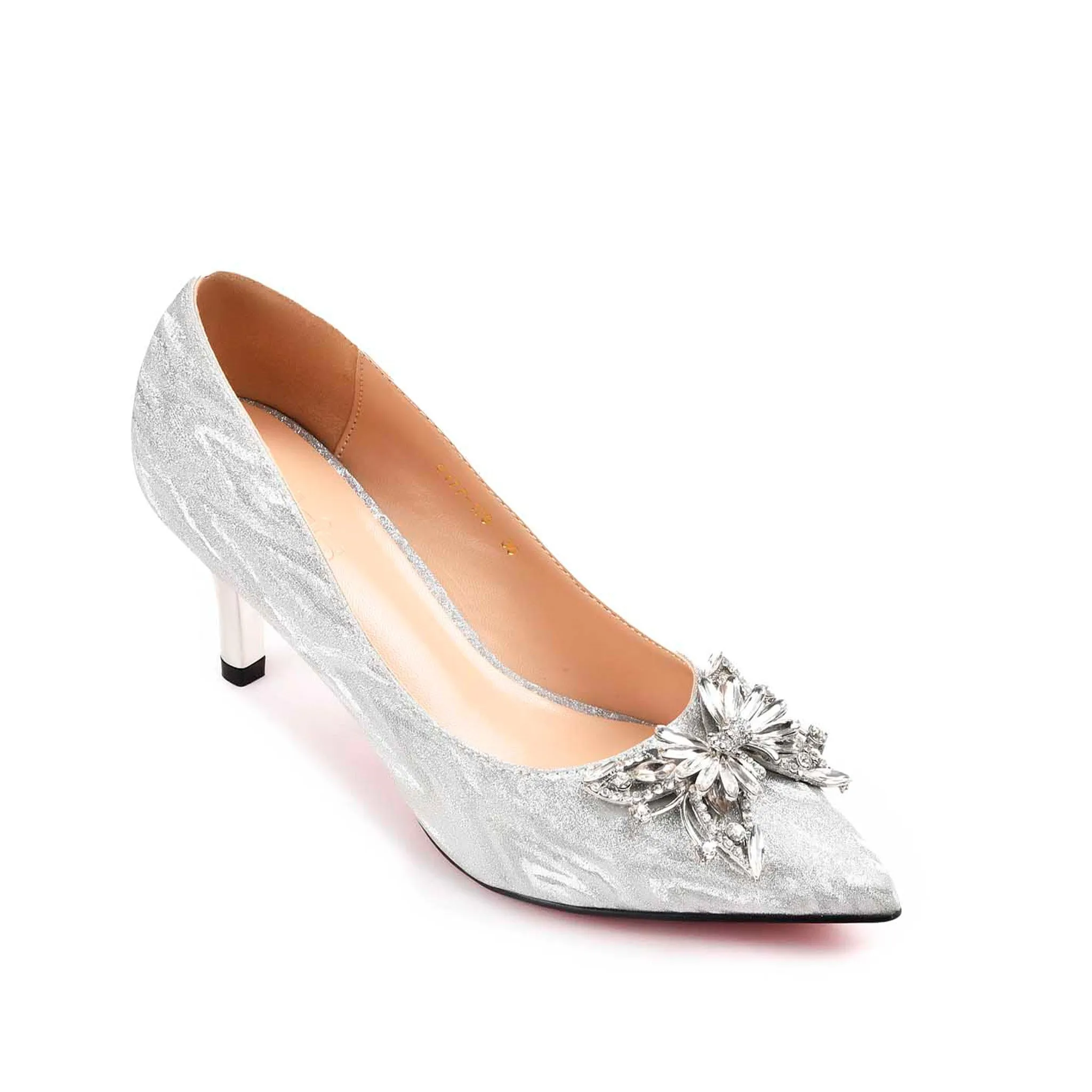 Glamorous Silver Satin Heels with Crystal Embellishment | 473L-S