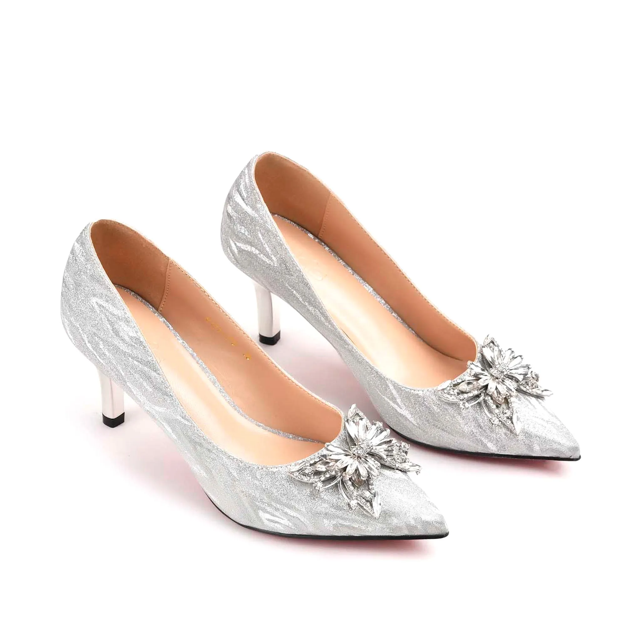 Glamorous Silver Satin Heels with Crystal Embellishment | 473L-S