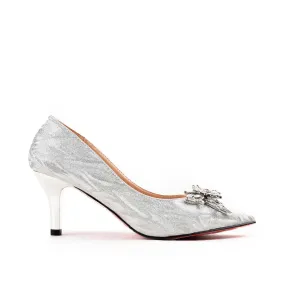 Glamorous Silver Satin Heels with Crystal Embellishment | 473L-S