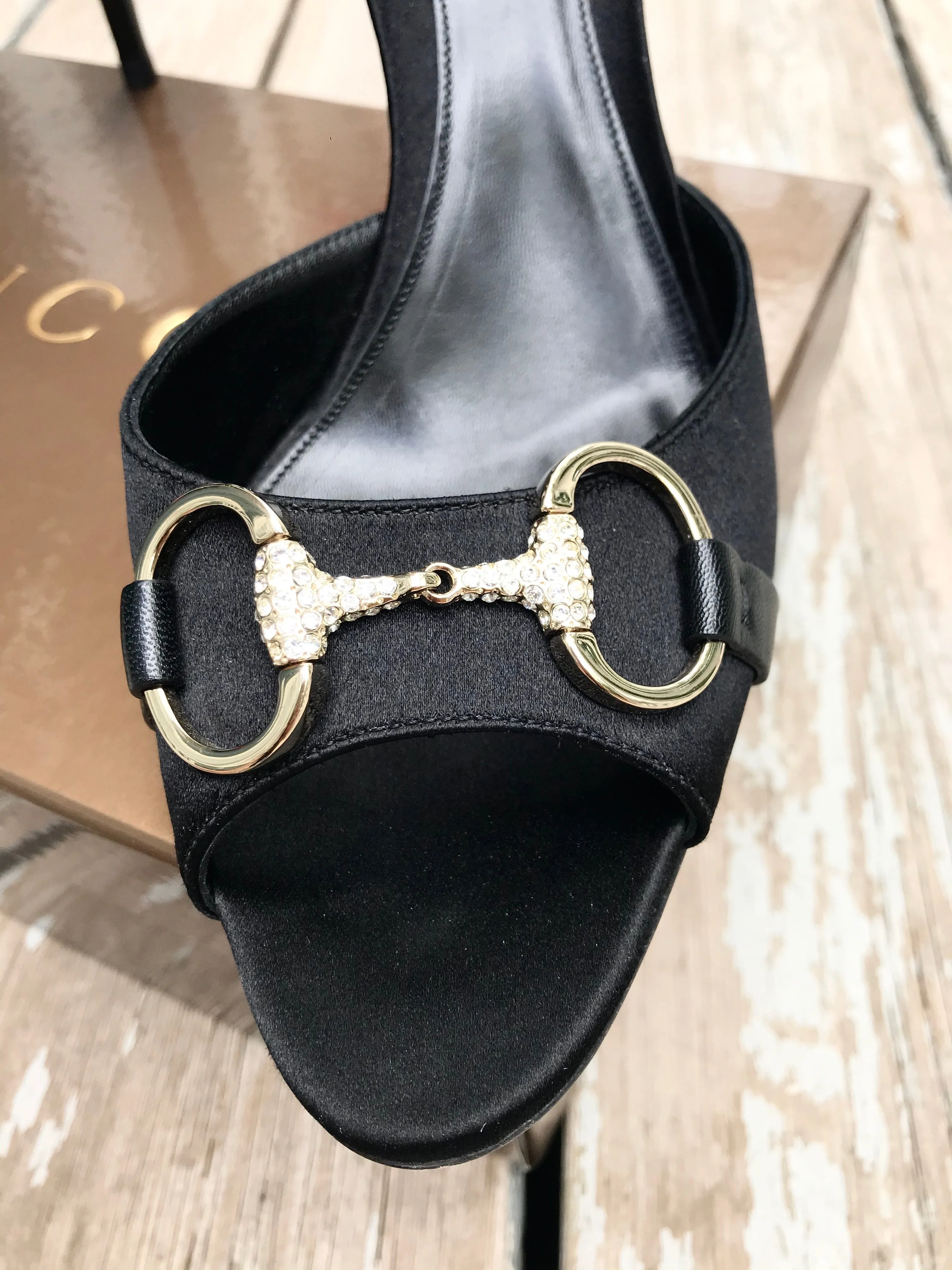 GUCCI Satin Crystal Embellished Open Toe High Heels