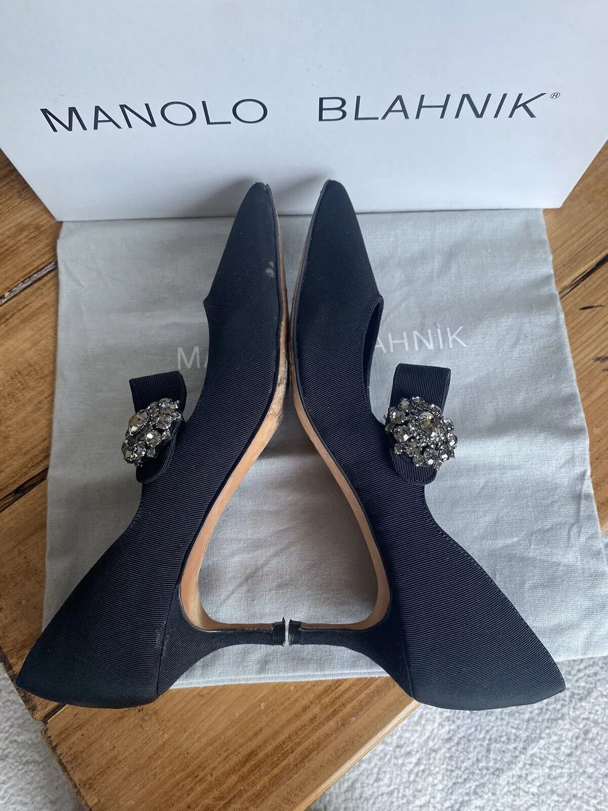 Manolo Blahnik black Verna satin crystal Mary- Jane heels size UK3/US5