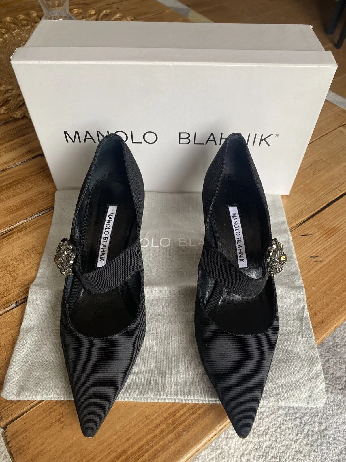 Manolo Blahnik black Verna satin crystal Mary- Jane heels size UK3/US5