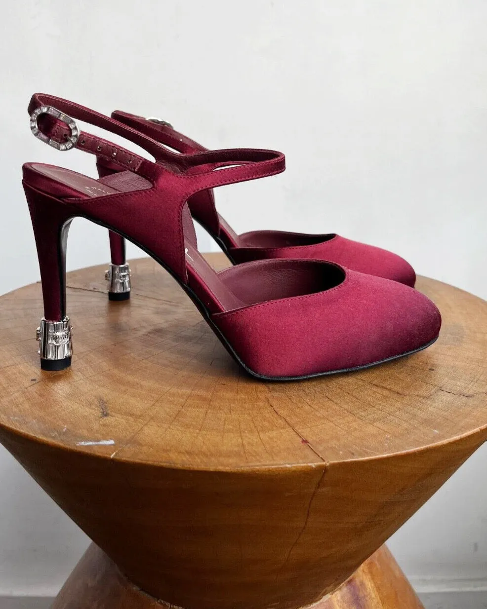 MAROON SATIN CRYSTAL HEELS