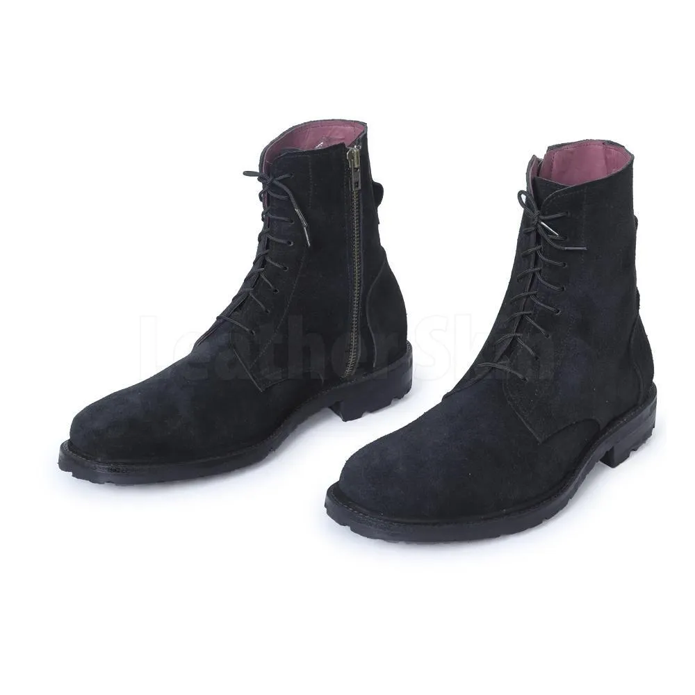 Men Black Suede Lace Up Ankle Military Leather Boots