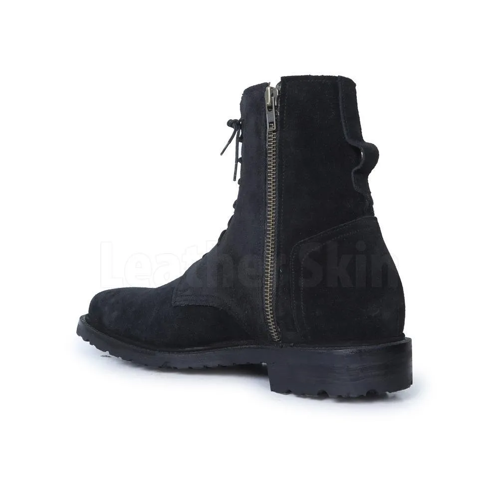 Men Black Suede Lace Up Ankle Military Leather Boots