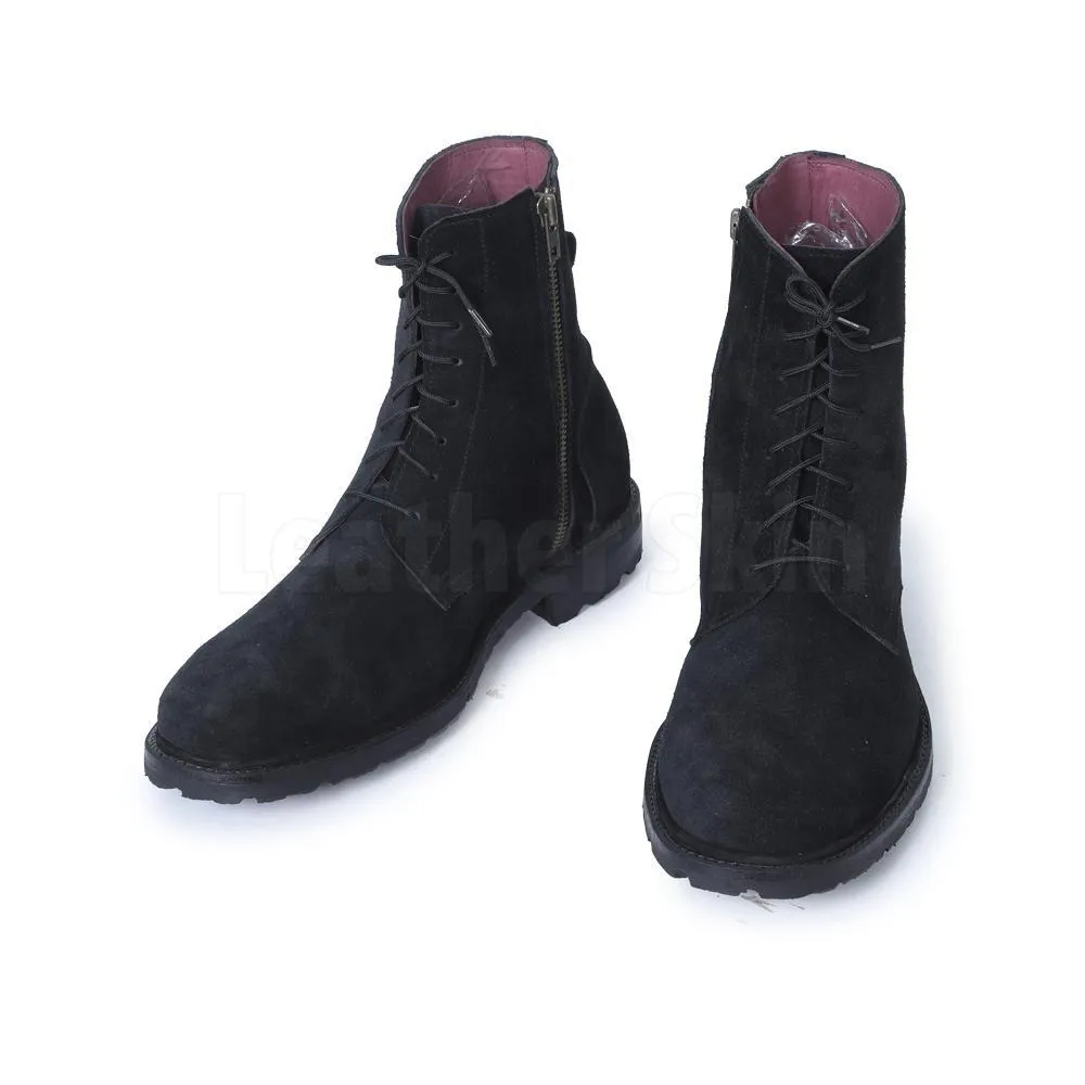 Men Black Suede Lace Up Ankle Military Leather Boots