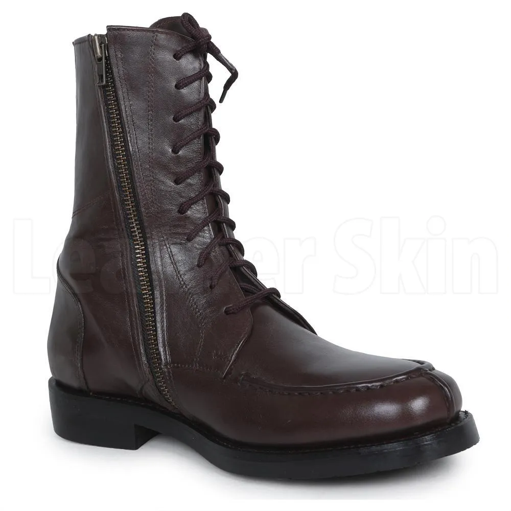 Men Brown Military Lace Up Zipped Genuine Leather Boots