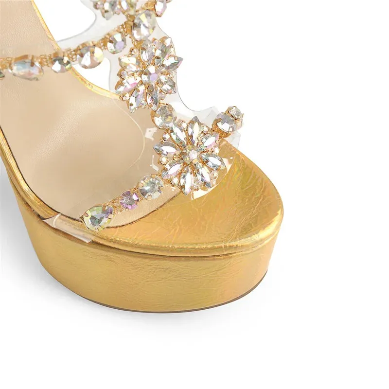 Platform Round Toe Crystal Cover Heel Clear Metal High Heels Sandals