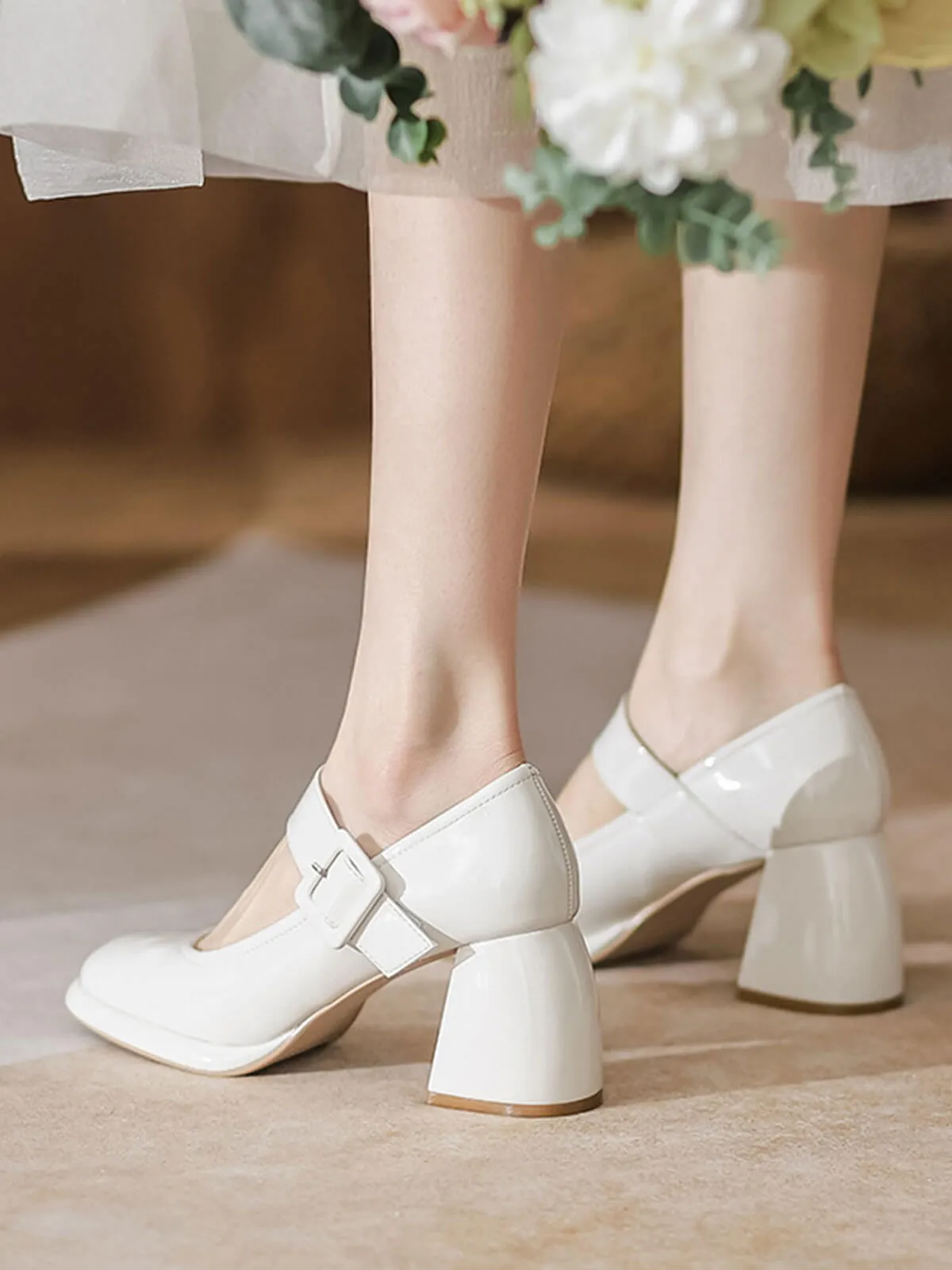 Retro Square-Toe High Heel Leather Shoes