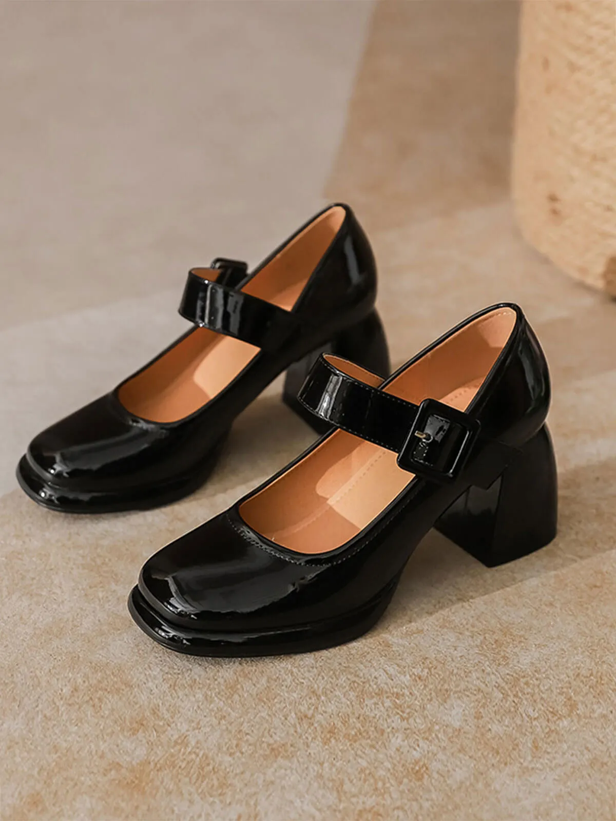 Retro Square-Toe High Heel Leather Shoes