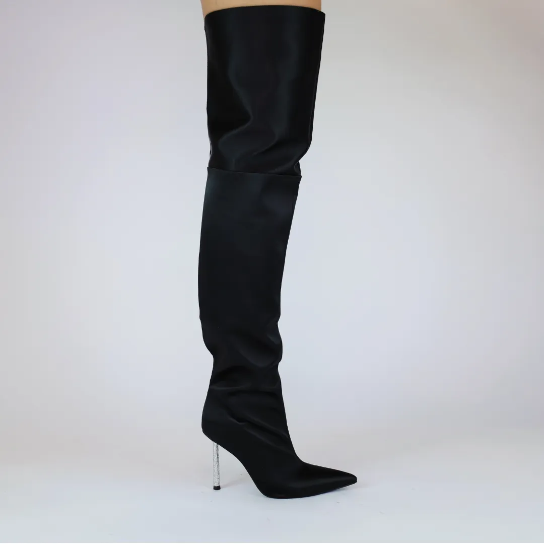 Shania Black Satin Crystal Heel Boots