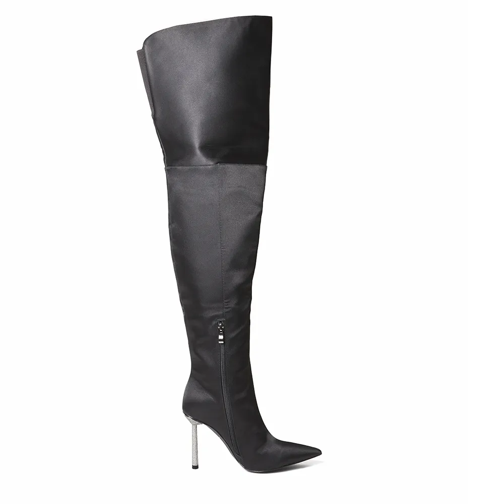 Shania Black Satin Crystal Heel Boots