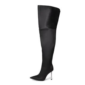 Shania Black Satin Crystal Heel Boots