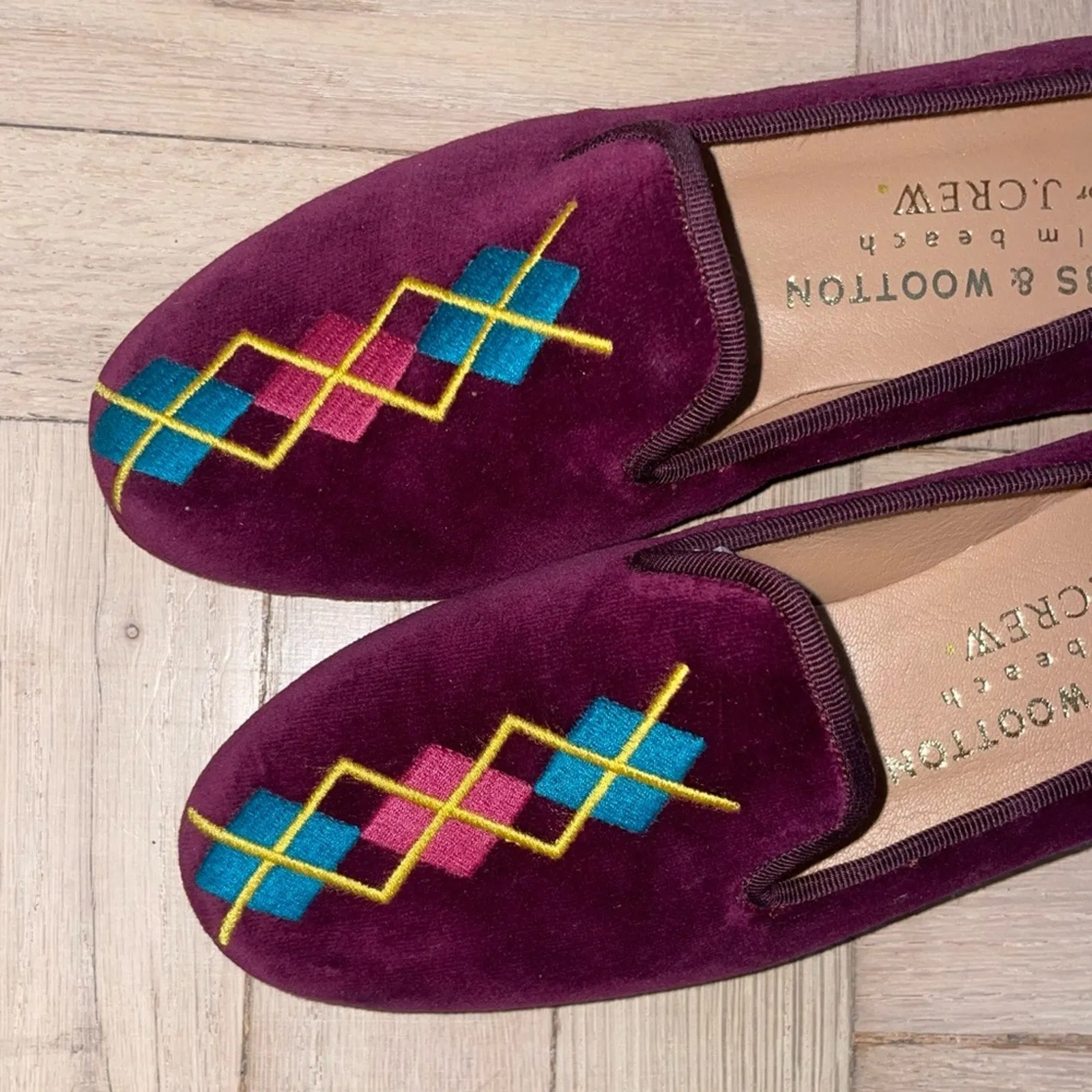 Stubbs & Wootten x J. Crew Glasgow Palm Beach Velvet Argyle Embroidered Loafers (W6)