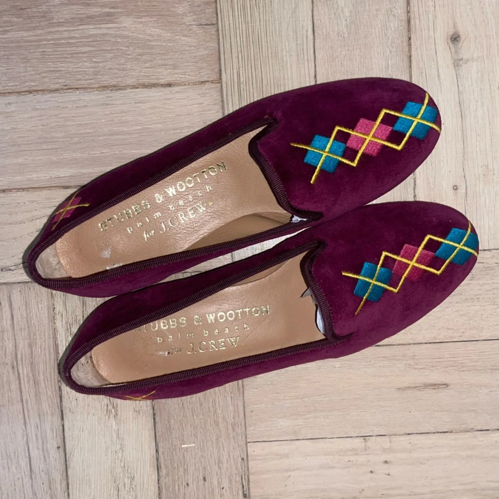 Stubbs & Wootten x J. Crew Glasgow Palm Beach Velvet Argyle Embroidered Loafers (W6)