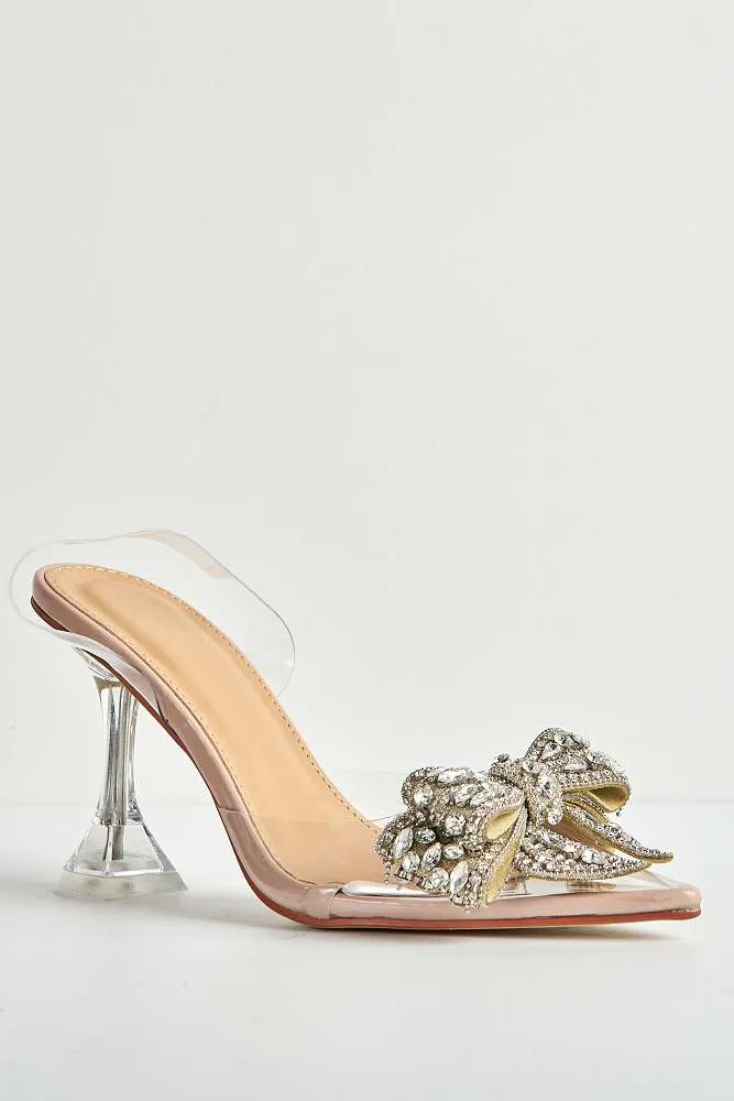 Tatiana Diamante Embellished Bow Detail Slingback Court Shoes in Nude