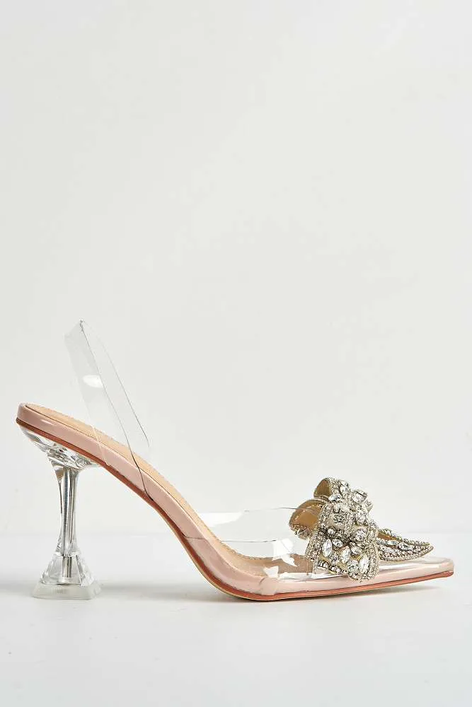 Tatiana Diamante Embellished Bow Detail Slingback Court Shoes in Nude