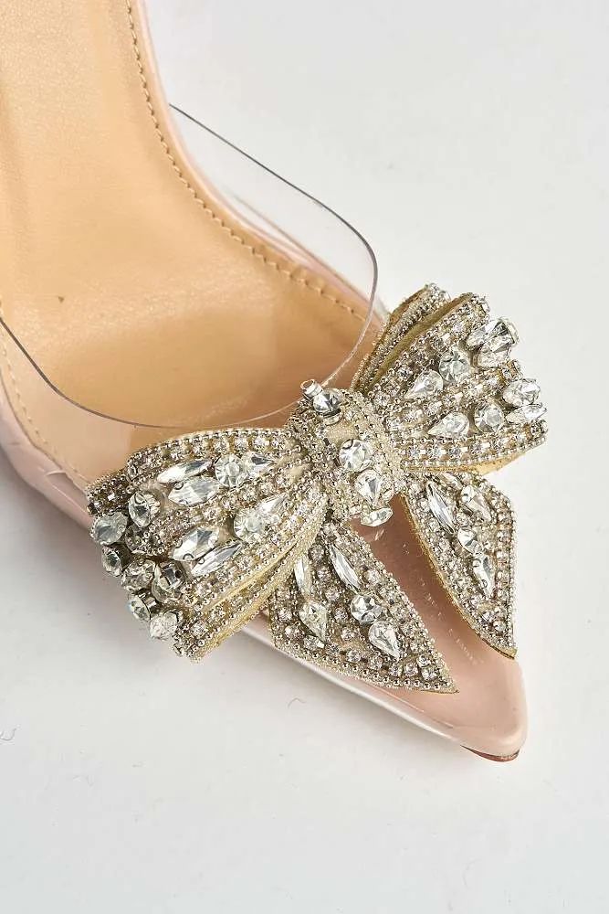 Tatiana Diamante Embellished Bow Detail Slingback Court Shoes in Nude