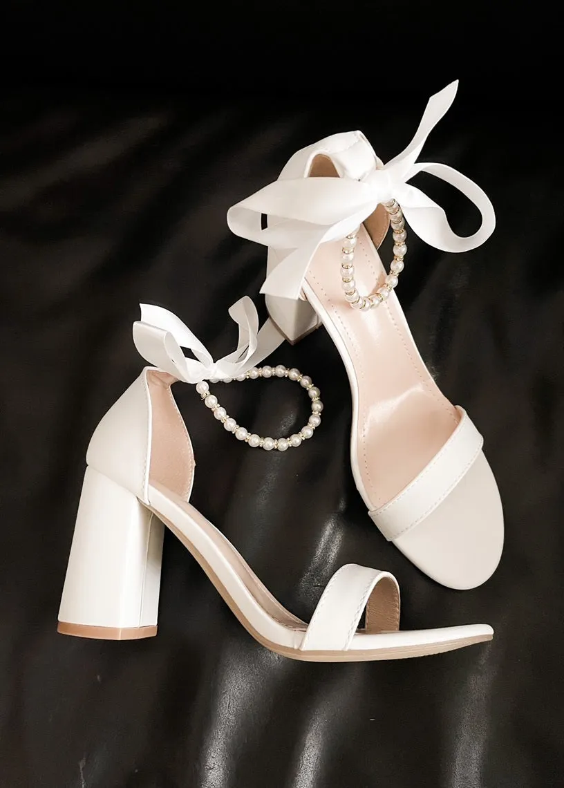 Trish Pearl Ankle Strap Heels in White