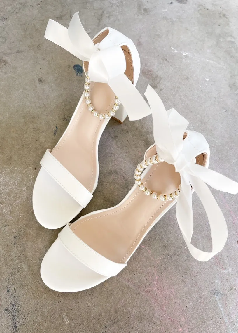 Trish Pearl Ankle Strap Heels in White